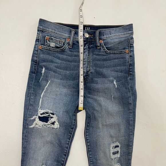 GAP high waisted rise true skinny raw hem distressed patch denim blue jeans 26 - Picture 2 of 11
